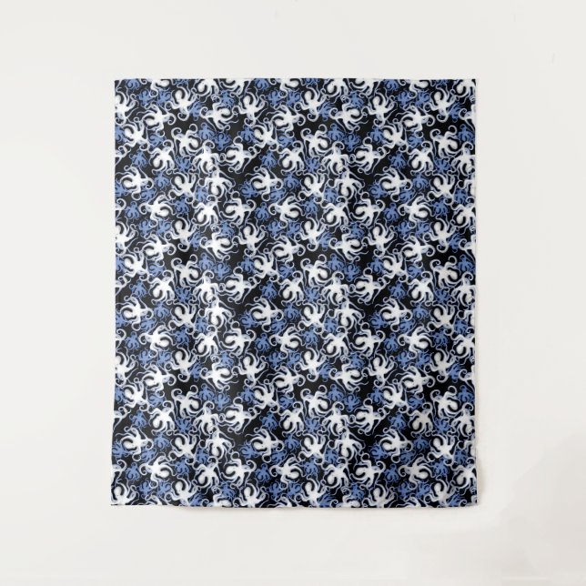 Black, White and Blue Octopus Seamless Pattern Tapestry (Front)