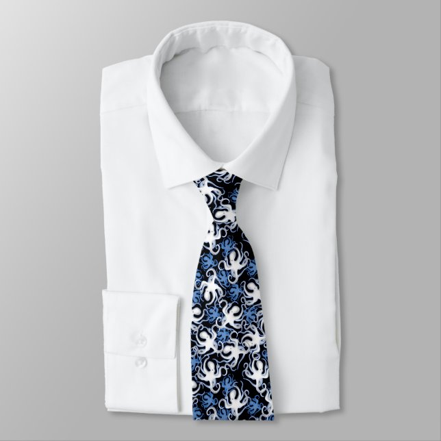 Black, White and Blue Octopus Seamless Pattern Tie (Tied)