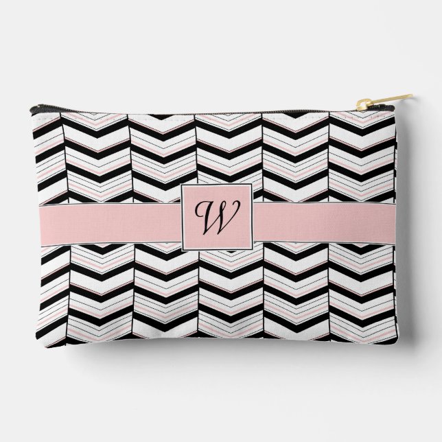 Black White and Blush Chevron Accessory Pouch (Back)