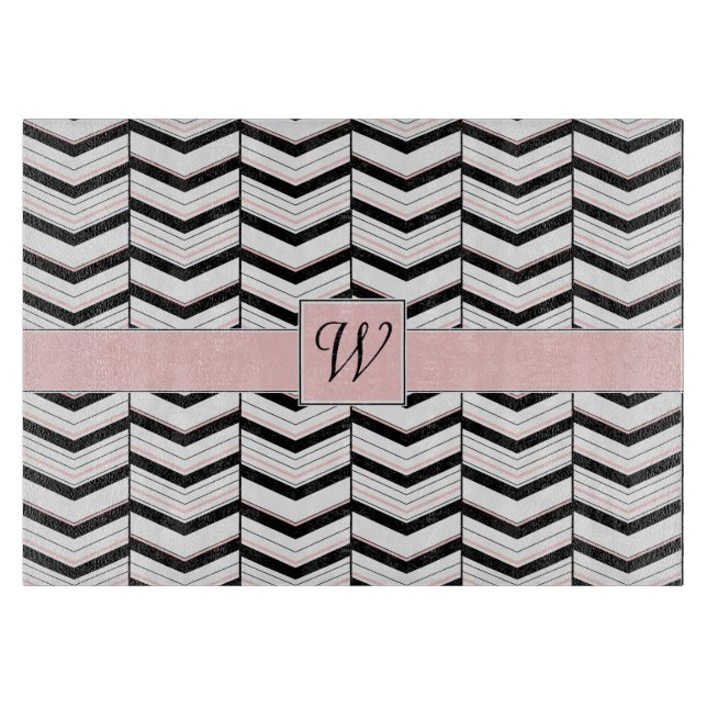 Black White and Blush Chevron Glass Cutting Board (Front)