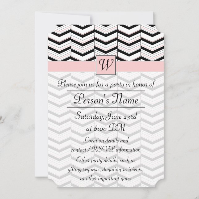 Black White and Blush Chevron Party Invitation (Front)
