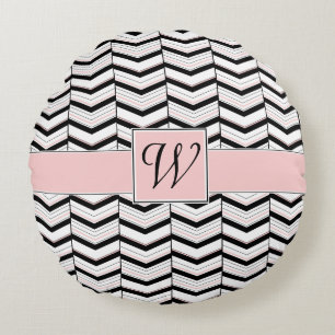 Black White and Blush Chevron Round Pillow