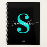 Black White and Bright Turquoise Modern Monogram Planner<br><div class="desc">A monogram in a white trendy style modern calligraphy paired with a bright turquoise modern font. Increase or decrease the font size as needed for your monogram. Customise the minimalist solid black background colour. Keep the school year date format, or change to suit your needs. Black, white and vivid turquoise...</div>