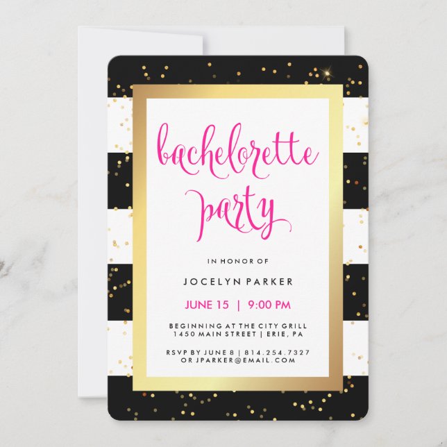 Black White and Faux Gold Bachelorette Party Invitation (Front)