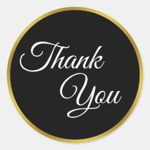 Black, White and Faux Gold Thank You Classic Round Sticker