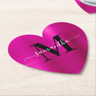 Black White and Faux Hot Pink Foil Heart Paper Coaster
