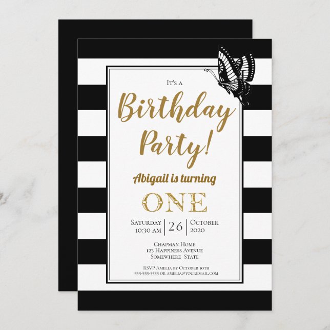 Black White and Gold 1st Birthday Party Invitation (Front/Back)