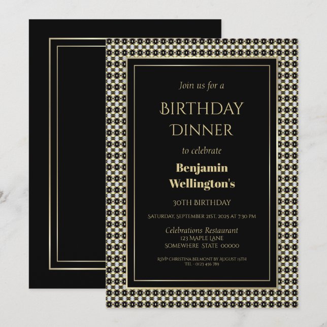 Black White and Gold 30th Birthday Dinner Invitation (Front/Back)
