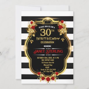Black , White and Gold 30th Birthday Invitation