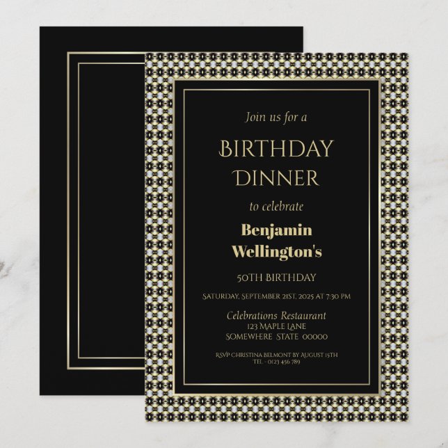 Black White and Gold 50th Birthday Dinner Invitation (Front/Back)