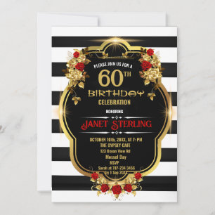 Black ,White and Gold 60th Birthday Invitation