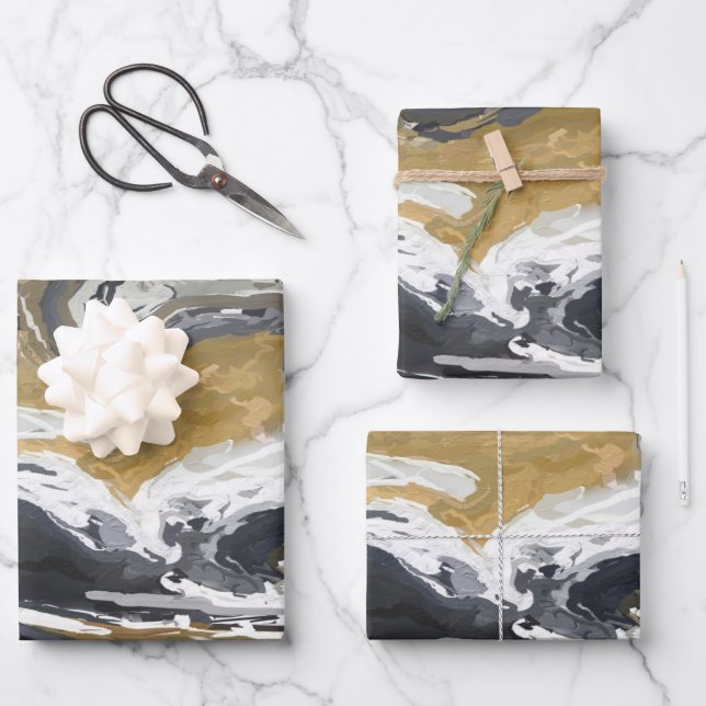 Black, White and Gold Abstract Wrapping Paper Sheet (Front)