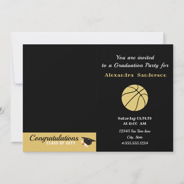 Black White and Gold Basketball graduation  Invitation (Front)