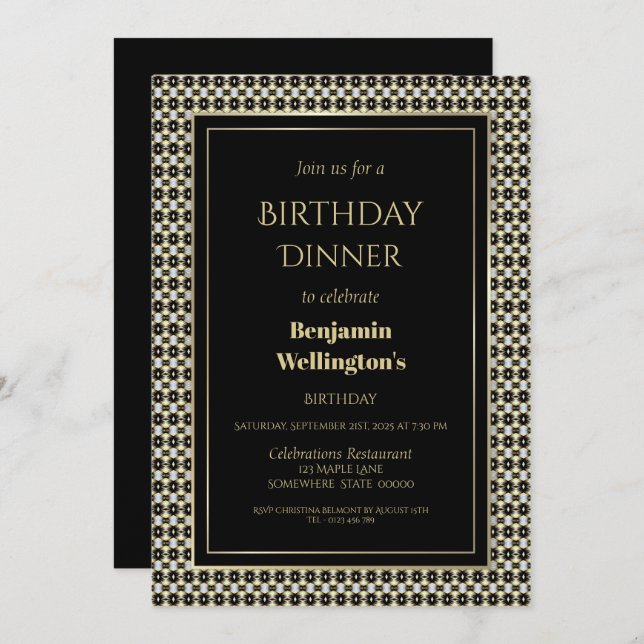 Black White and Gold Birthday Dinner Invitation (Front/Back)