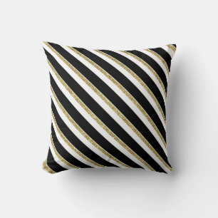 Black, White and Gold Diagonal Stripes Pillow