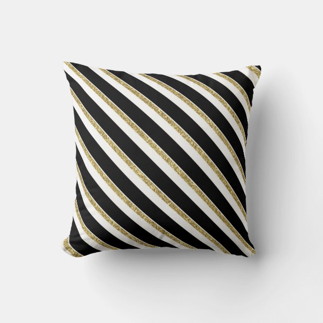 Black, White and Gold Diagonal Stripes Pillow (Front)