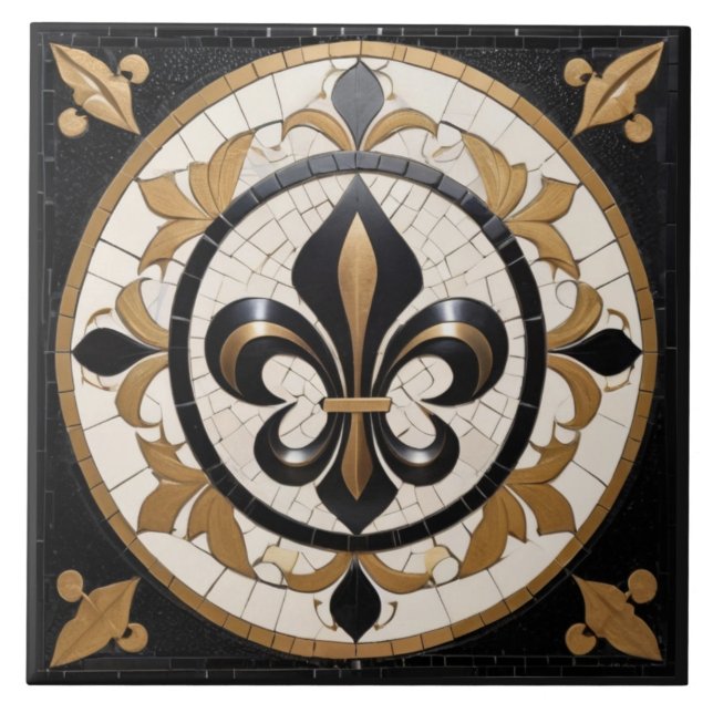 Black White and Gold Fleur de Lis Faux Mosaic Tile (Front)