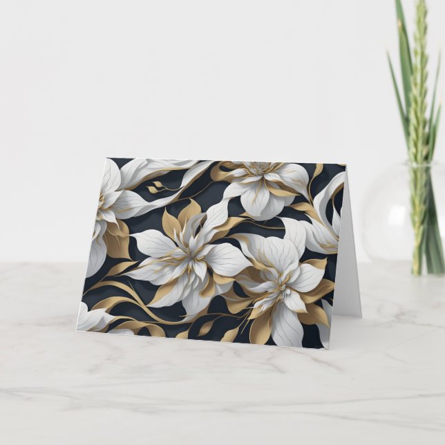 Black, White And Gold Floral Folded Note Card (Front)