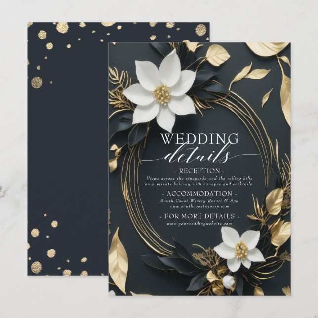 Black White and Gold Floral Wreath Wedding Details Enclosure Card (Front/Back)
