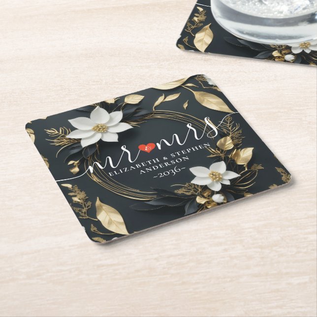 Black White and Gold Floral Wreath Wedding Mr Mrs Square Paper Coaster (Angled)
