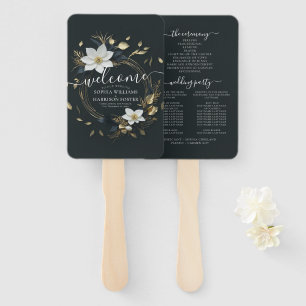 Black White and Gold Floral Wreath Wedding Program Hand Fan