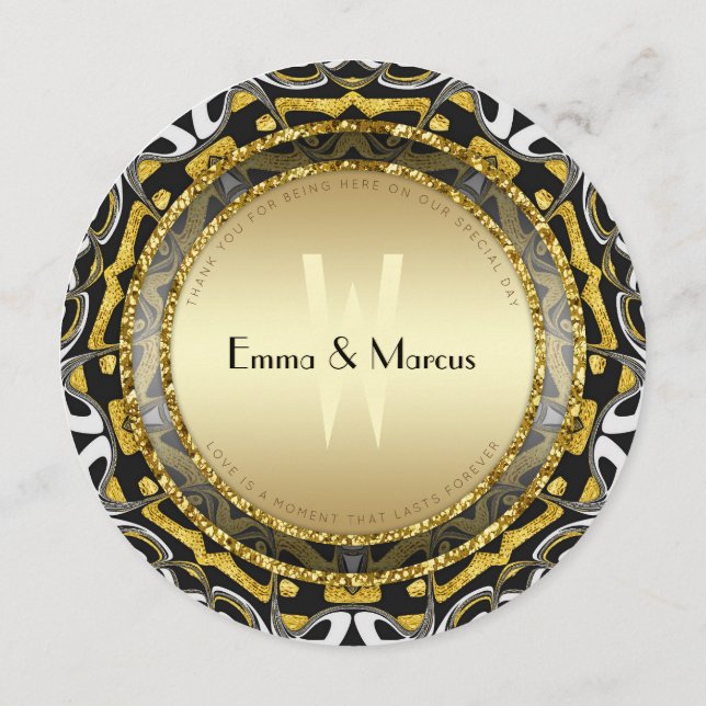 Black White and Gold Geometry Wedding Round Menu (Back)