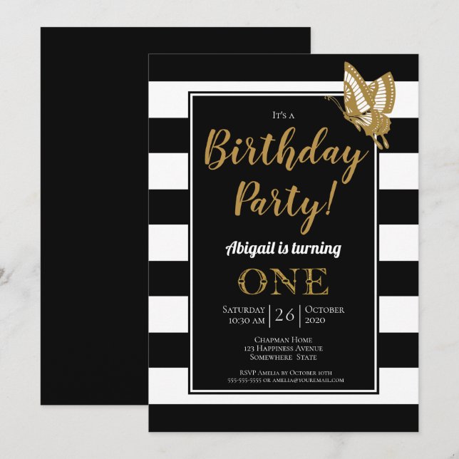 Black White and Gold Glitter 1st Birthday Party Invitation (Front/Back)