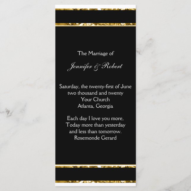 Black White and Gold Glitter Wedding Program Programme (Front)