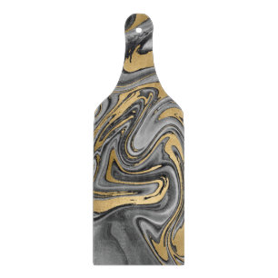 Black, White And Gold Marbled Oil Slick Abstract Cutting Board