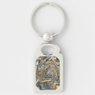 Black, White And Gold Marbled Oil Slick Abstract Key Ring