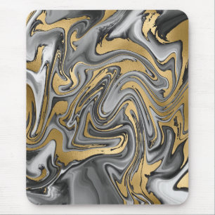 Black, White And Gold Marbled Oil Slick Abstract Mouse Mat