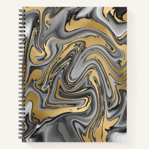 Black, White And Gold Marbled Oil Slick Abstract Notebook