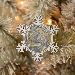 Black, White And Gold Marbled Oil Slick Abstract Snowflake Pewter Christmas Ornament