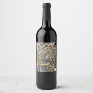 Black White And Gold Marbled Oil Slick Abstract Wine Label