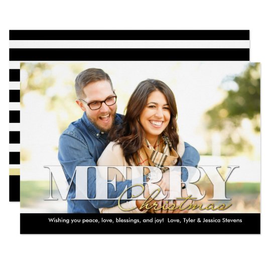 Black White and Gold Merry Christmas Photo Card
