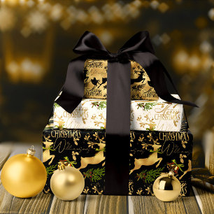 Black White And Gold Merry Christmas With Name Wrapping Paper Sheet