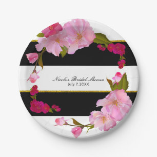 Black White and Gold Modern Floral Chic Glam Party Paper Plate