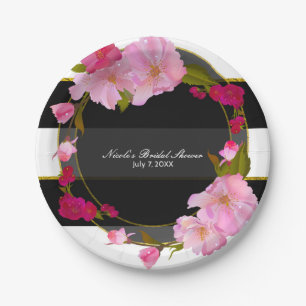 Black White and Gold Modern Floral Chic Glam Party Paper Plate