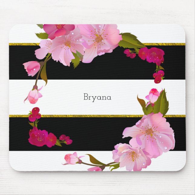 Black White and Gold Modern Floral Chic Glamour Mouse Mat (Front)