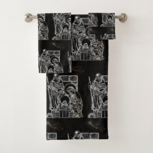 BLACK WHITE AND GOLD NATIVITY BATH TOWEL SET