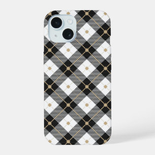 Black White and Gold Plaid iPhone 15 Case