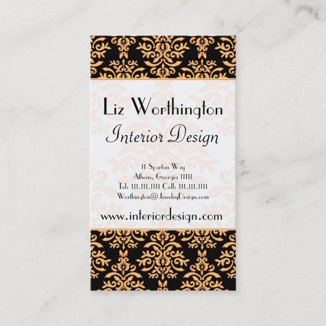 Black, White and Gold Royal Gilded Damask Business Card (Front)