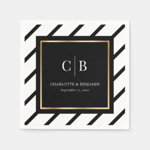 Black White and Gold Striped Monogram Wedding Napkin