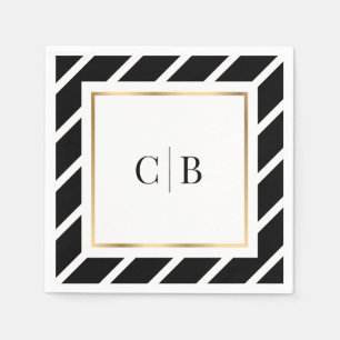 Black White and Gold Striped Monogrammed Wedding Napkin