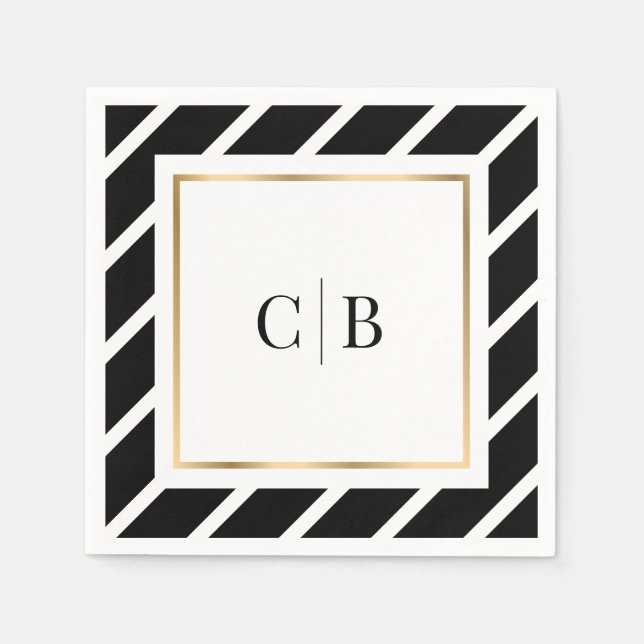 Black White and Gold Striped Monogrammed Wedding Napkin (Front)