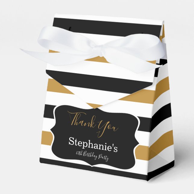 Black, White and Gold Stripes Birthday Party Favour Box (Front Side)