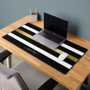 Black white and gold stripes desk mat