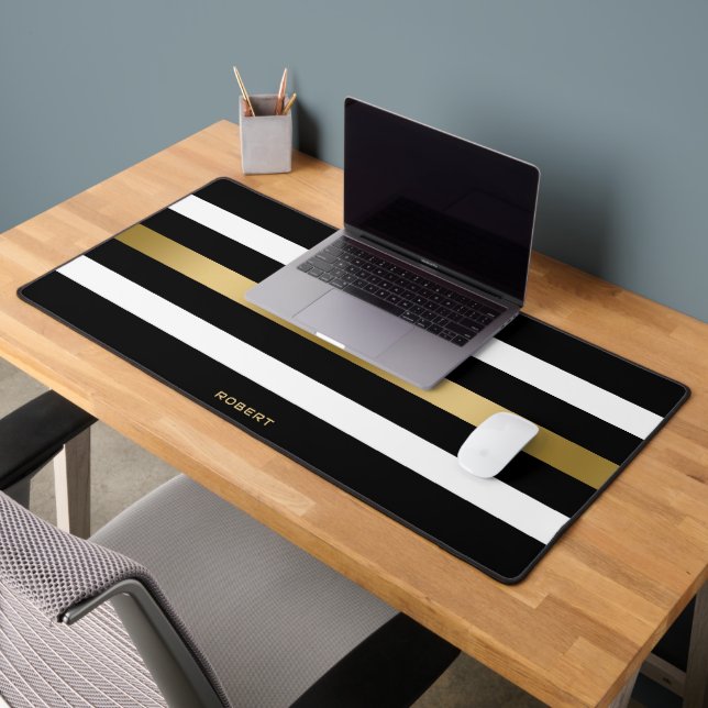 Black, white and gold stripes monogram desk mat (Office 2)