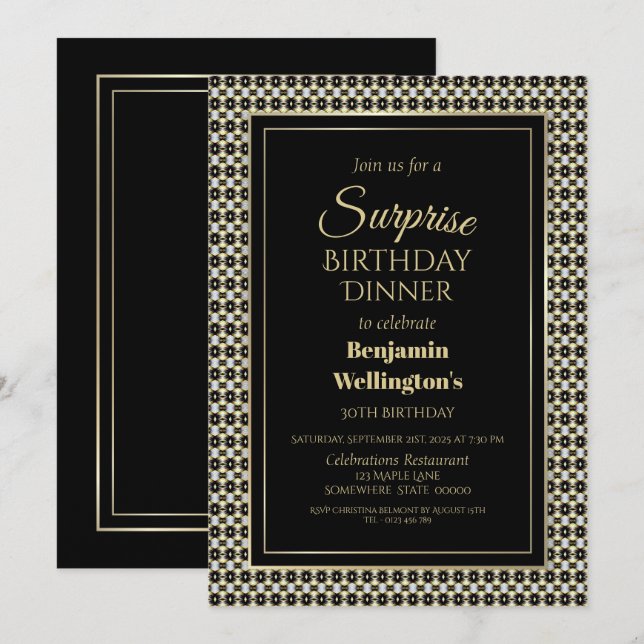 Black White and Gold Surprise 30th Birthday Dinner Invitation (Front/Back)