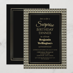 Black White and Gold Surprise 50th Birthday Dinner Invitation